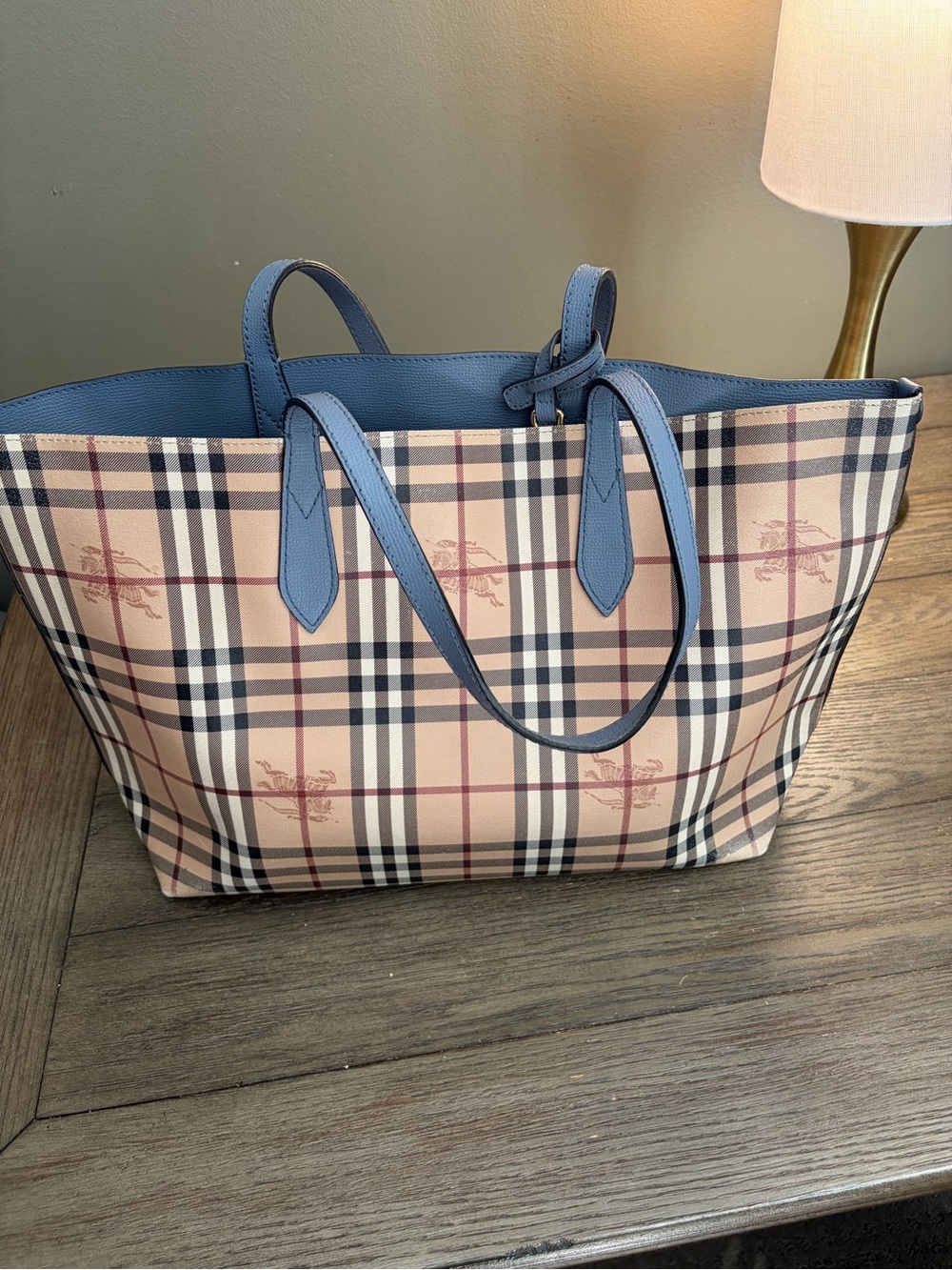 Burberry Beige Reversible Check Tote with Blue Trim and brass hardware.